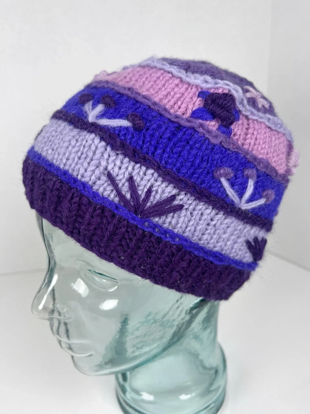 Handmade in Nepal Purple Pink Blue Floral 100% Wool Knit Beanie Hat